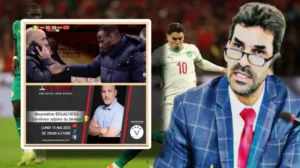 Morocco vs Senegal match scene with coach interactions, featuring player number 10 in white jersey, and a promotional section for Noureddine Bouachera.