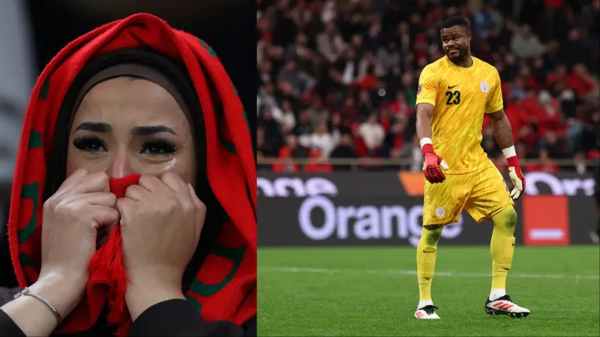 Un supporter marocain aux couleurs rouge et vert est submergé par l'émotion, tandis qu'un gardien de but abattu en maillot jaune se tient au milieu d'une foule anxieuse.
