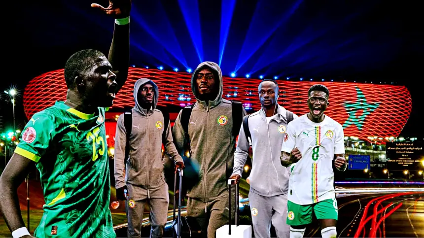Senegalese football players celebrate with the Moroccan stadium backdrop illuminated in red and green, showcasing national pride ahead of a match.