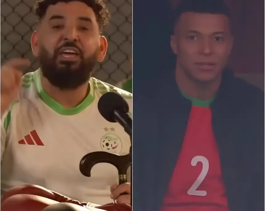 A man in a green and white Algerian football jersey passionately speaks into a microphone, while Kylian Mbappé, in a red and green Morocco jersey, looks on.