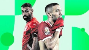 Riyad Mahrez and Hakim Ziyech featured against a green abstract background, showcasing their intensity ahead of an African Cup of Nations clash.