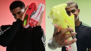 Image duale présentant des chaussures de football ; le joueur à gauche montre des Adidas Predator rouges, tandis que celui de droite tient des Adidas F50 jaunes, le tout sur des arrière-plans contrastés.