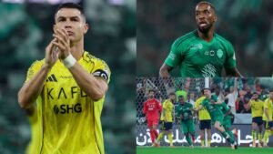 كريستيانو رونالدو يرتدي الأصفر ويصفق للجماهير؛ زميله في الفريق يرتدي الأخضر يحتفل بعد هدف. مشهد مليء بالأحداث من مباراة الدوري السعودي للمحترفين.