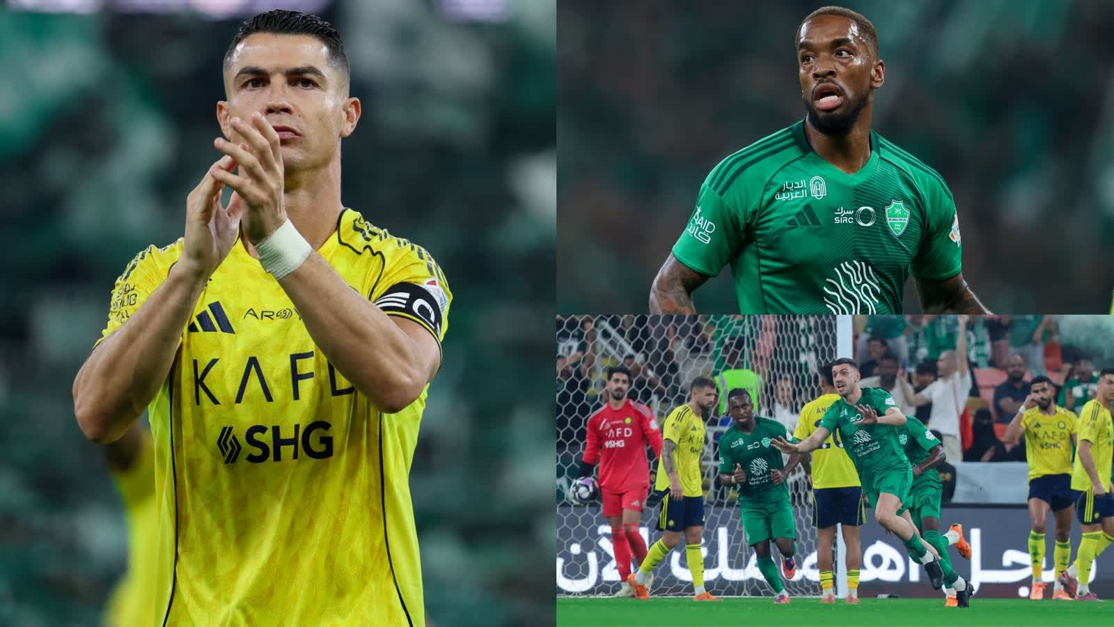كريستيانو رونالدو يرتدي الأصفر ويصفق للجماهير؛ زميله في الفريق يرتدي الأخضر يحتفل بعد هدف. مشهد مليء بالأحداث من مباراة الدوري السعودي للمحترفين.