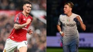L'attaquant de Manchester United, vêtu d'un maillot rouge, célèbre avec passion, tandis qu'un joueur en tenue blanche d'une équipe de Serie A exulte en arrière-plan, créant un contraste saisissant.