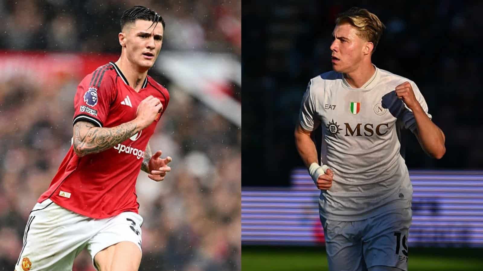 L'attaquant de Manchester United, vêtu d'un maillot rouge, célèbre avec passion, tandis qu'un joueur en tenue blanche d'une équipe de Serie A exulte en arrière-plan, créant un contraste saisissant.