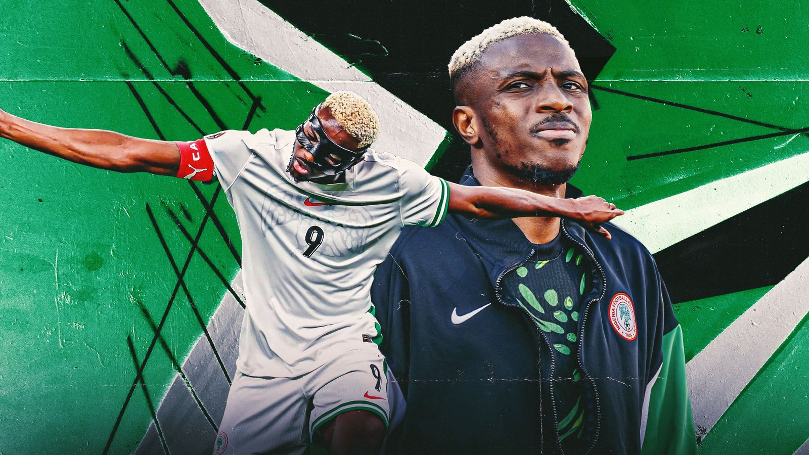 Victor Osimhen in een Nigeria-tenue, slaat een feestelijke pose tegen een groene achtergrond, toont zijn intensiteit en vastberadenheid.