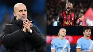Pep Guardiola applaudit dans un manteau noir, tandis qu'Antoine Semenyo célèbre pour Bournemouth. Ci-dessous, Haaland et un coéquipier manifestent leur déception pour Manchester City.