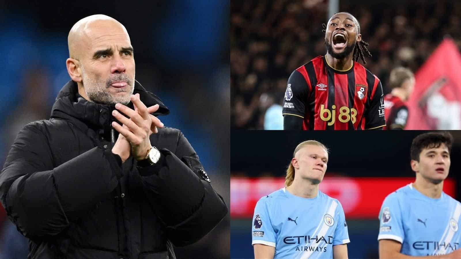 Pep Guardiola applaudit dans un manteau noir, tandis qu'Antoine Semenyo célèbre pour Bournemouth. Ci-dessous, Haaland et un coéquipier manifestent leur déception pour Manchester City.