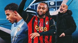 Antoine Semenyo in Bournemouth's rode en zwarte outfit viert, omringd door een speler van Manchester City en Pep Guardiola's geanimeerde reactie.