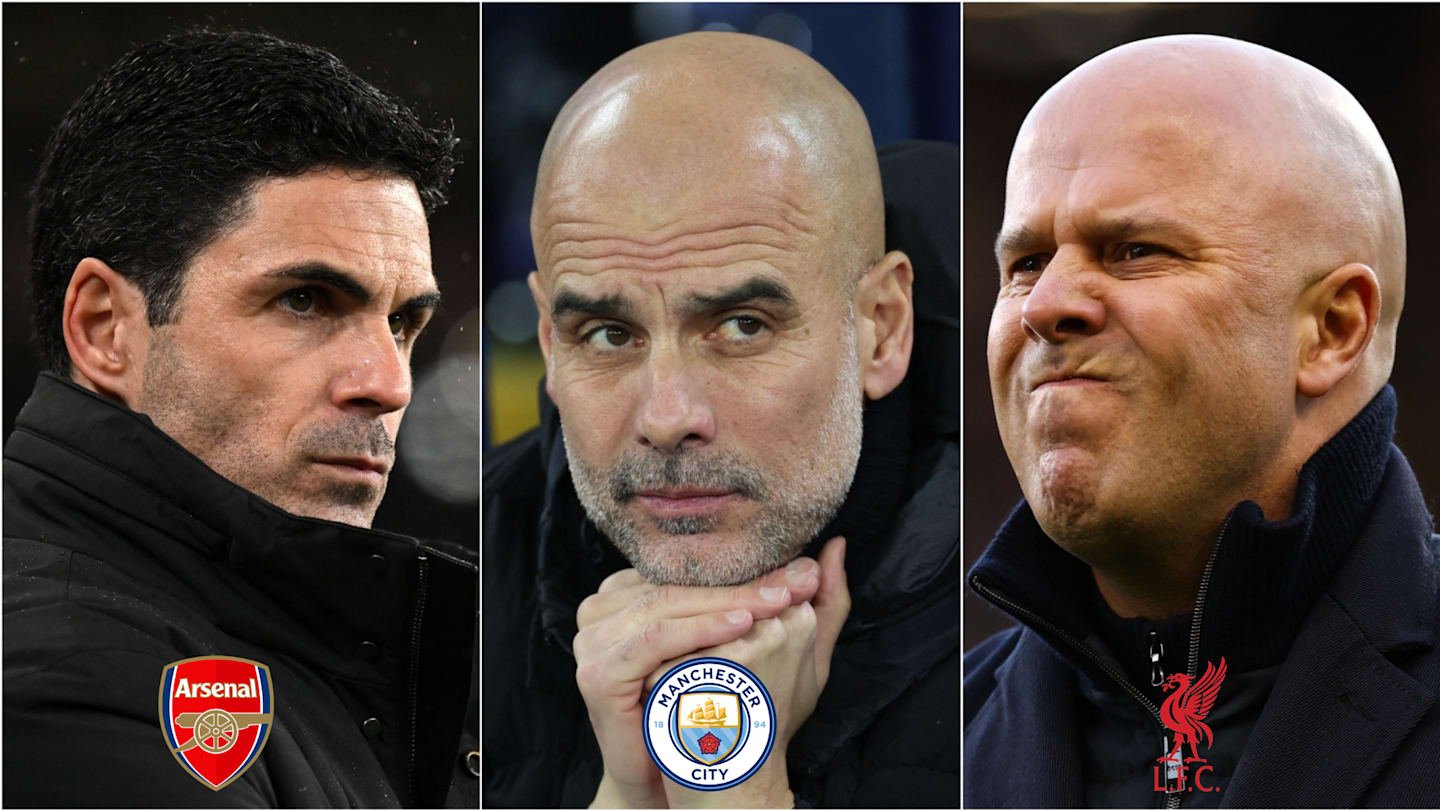 Arteta d'Arsenal, Guardiola de Manchester City et le manager de Liverpool affichent des expressions intenses, mettant en lumière l'atmosphère compétitive de la Premier League.