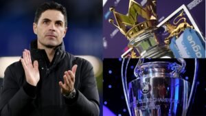 Mikel Arteta applaudisseert met de Premier League-trofee en de UEFA Champions League-trofee in een krachtige collage die de ambities van Arsenal benadrukt.