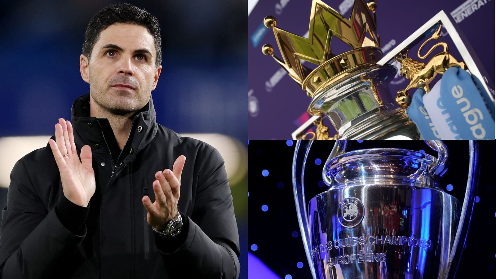 Mikel Arteta applaudisseert met de Premier League-trofee en de UEFA Champions League-trofee in een krachtige collage die de ambities van Arsenal benadrukt.