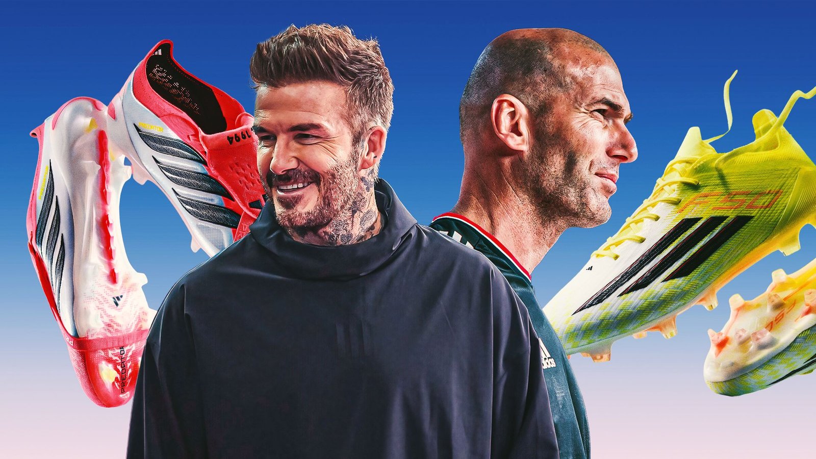 David Beckham en Zinedine Zidane glimlachen naast felgekleurde Adidas-voetbalschoenen tegen een blauw verloopachtergrond, waarbij hun iconische stijlen worden getoond.