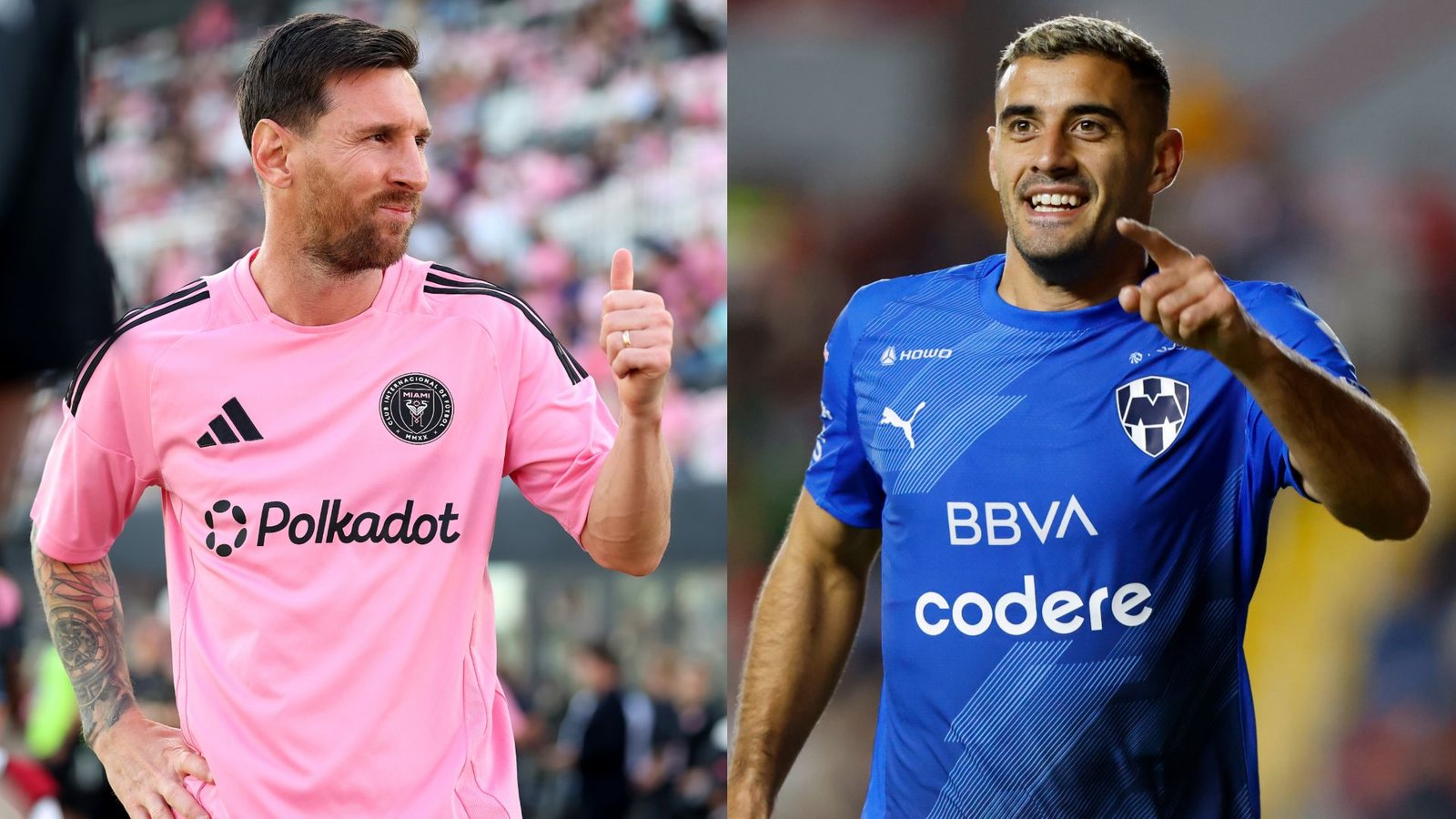Messi, en maillot rose de l'Inter Miami, fait un signe de approbation, tandis que Berterame, en maillot bleu de Monterrey, célèbre, chacun représentant son équipe.