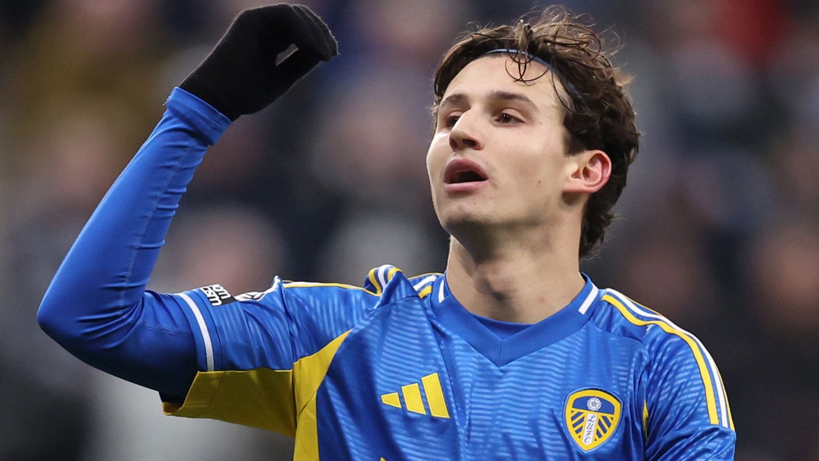 Brenden Aaronson viert in het blauw-gele tenue van Leeds United, waarbij hij zijn vastberadenheid toont na een opmerkelijke actie in de Premier League.