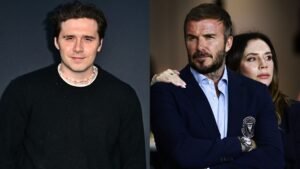 Brooklyn Beckham staat links in een zwarte trui, terwijl David Beckham en Victoria Beckham rechts verschijnen, beiden netjes gekleed en met serieuze uitdrukkingen.