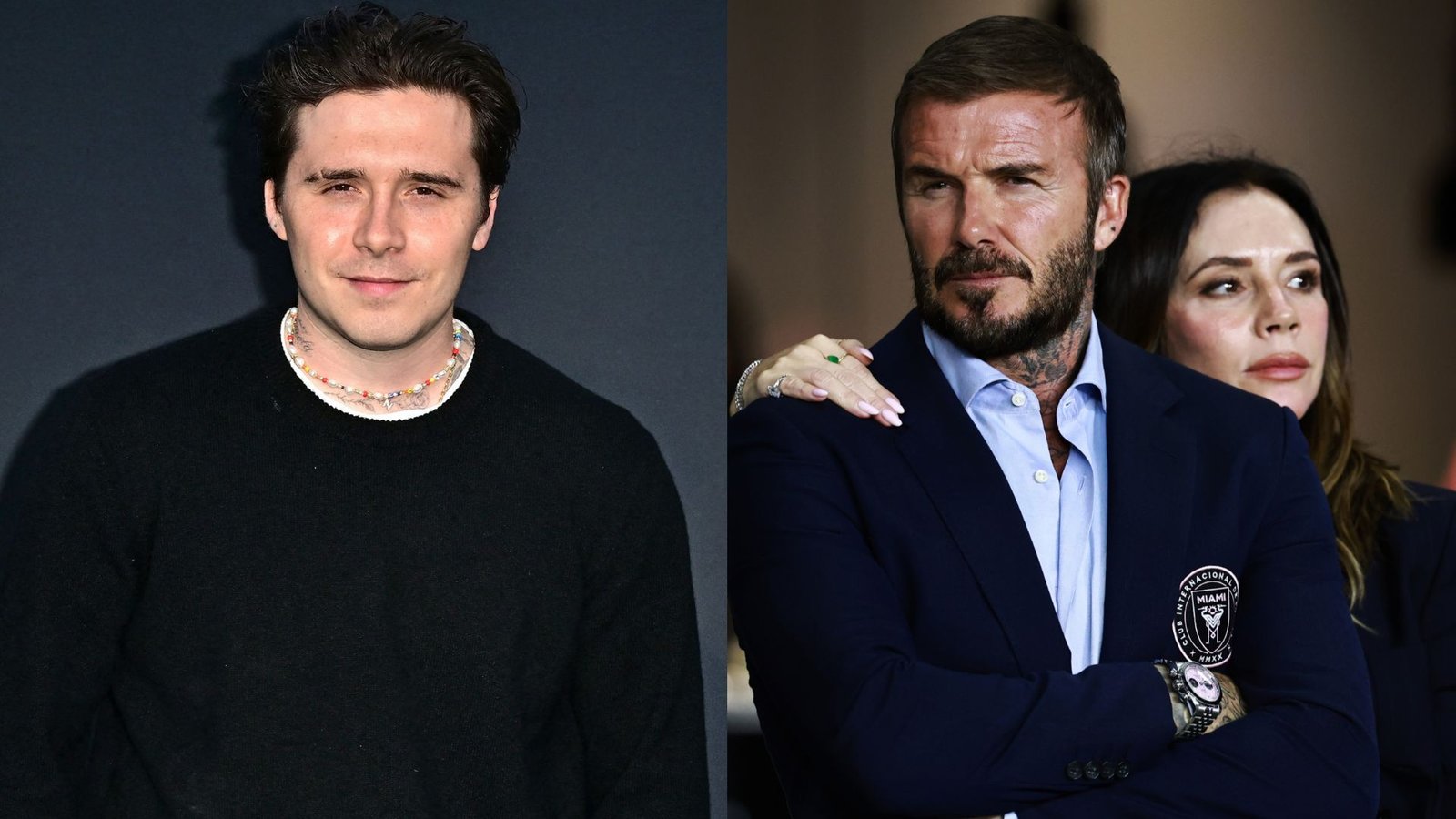 Brooklyn Beckham staat links in een zwarte trui, terwijl David Beckham en Victoria Beckham rechts verschijnen, beiden netjes gekleed en met serieuze uitdrukkingen.