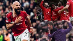 Bruno Fernandes célèbre avec passion après avoir marqué, rejoint par ses coéquipiers exultants de Manchester United en tenue rouge, tandis que le staff se réjouit à proximité.