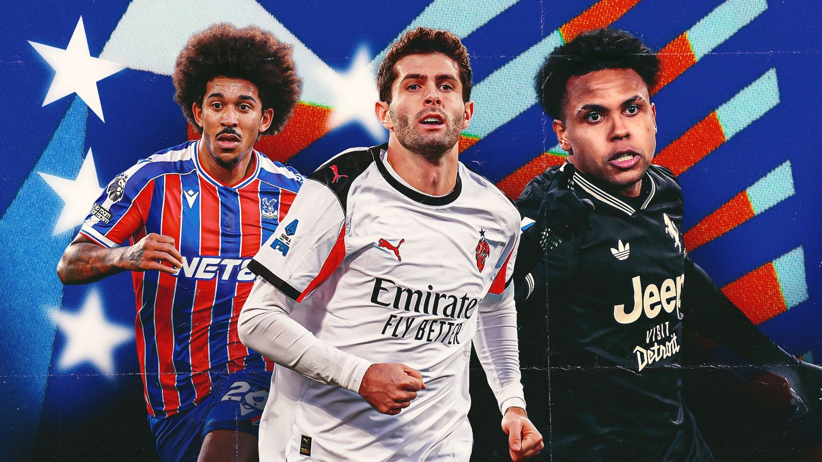 Drie voetballers in actie: een Crystal Palace-speler in rood en blauw, AC Milan in wit tenue, en een Juventus-speler in zwart, tegen een levendige achtergrond.