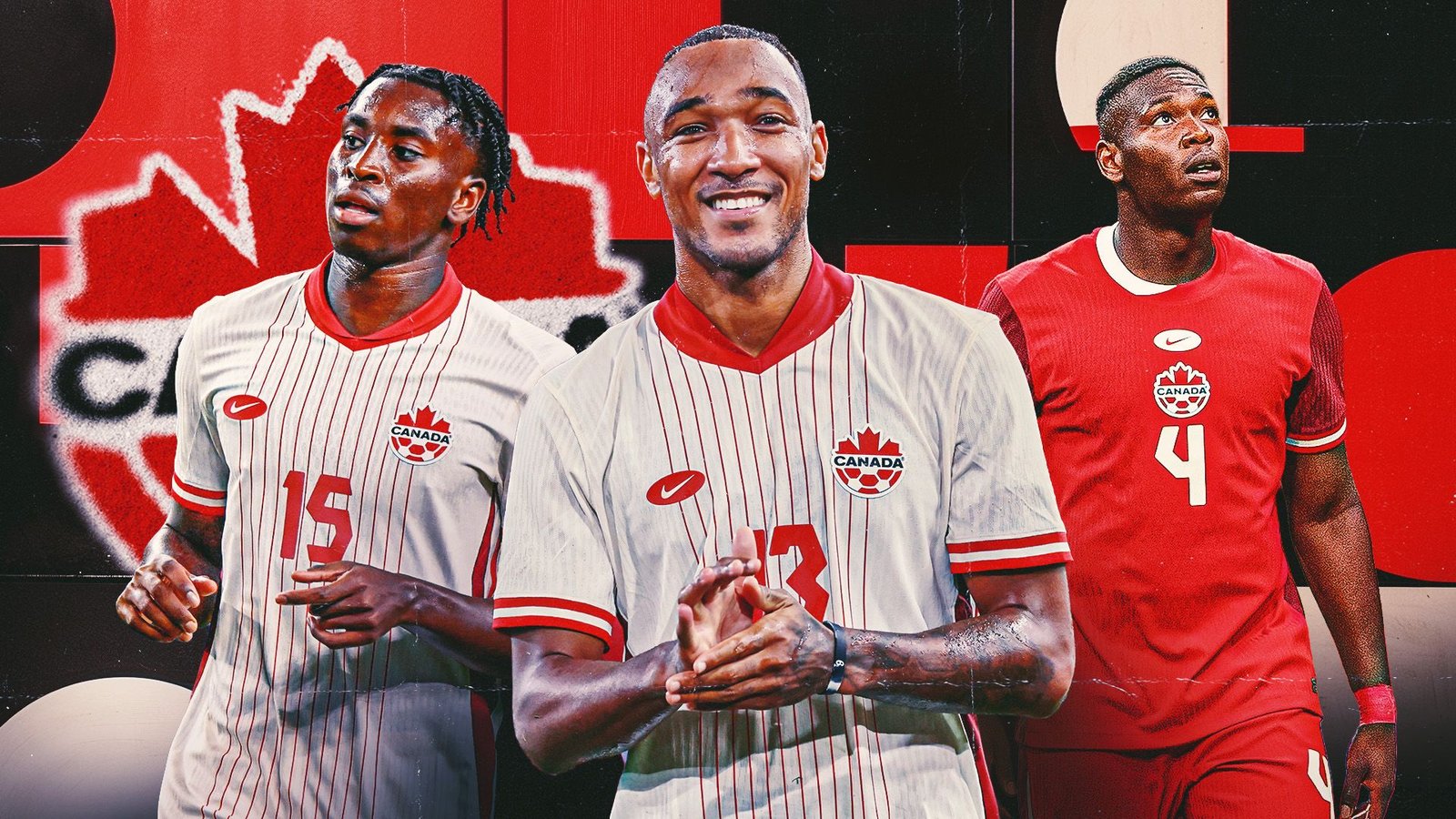 Canada's centre-backs Bombito (#15) and Cornelius (#4) in red and white kits, showcasing team spirit against a graphic background.