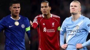 Enzo Fernández (Chelsea), Virgil van Dijk (Liverpool) en Erling Haaland (Manchester City) tonen hun clubtenues tijdens een Champions League-wedstrijd.