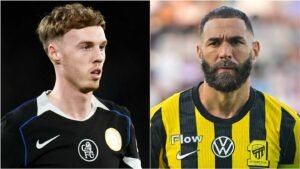 Chelsea's Cole Palmer in a black kit alongside Madrid legend Karim Benzema in a yellow and black striped shirt, highlighting their contrasting teams.