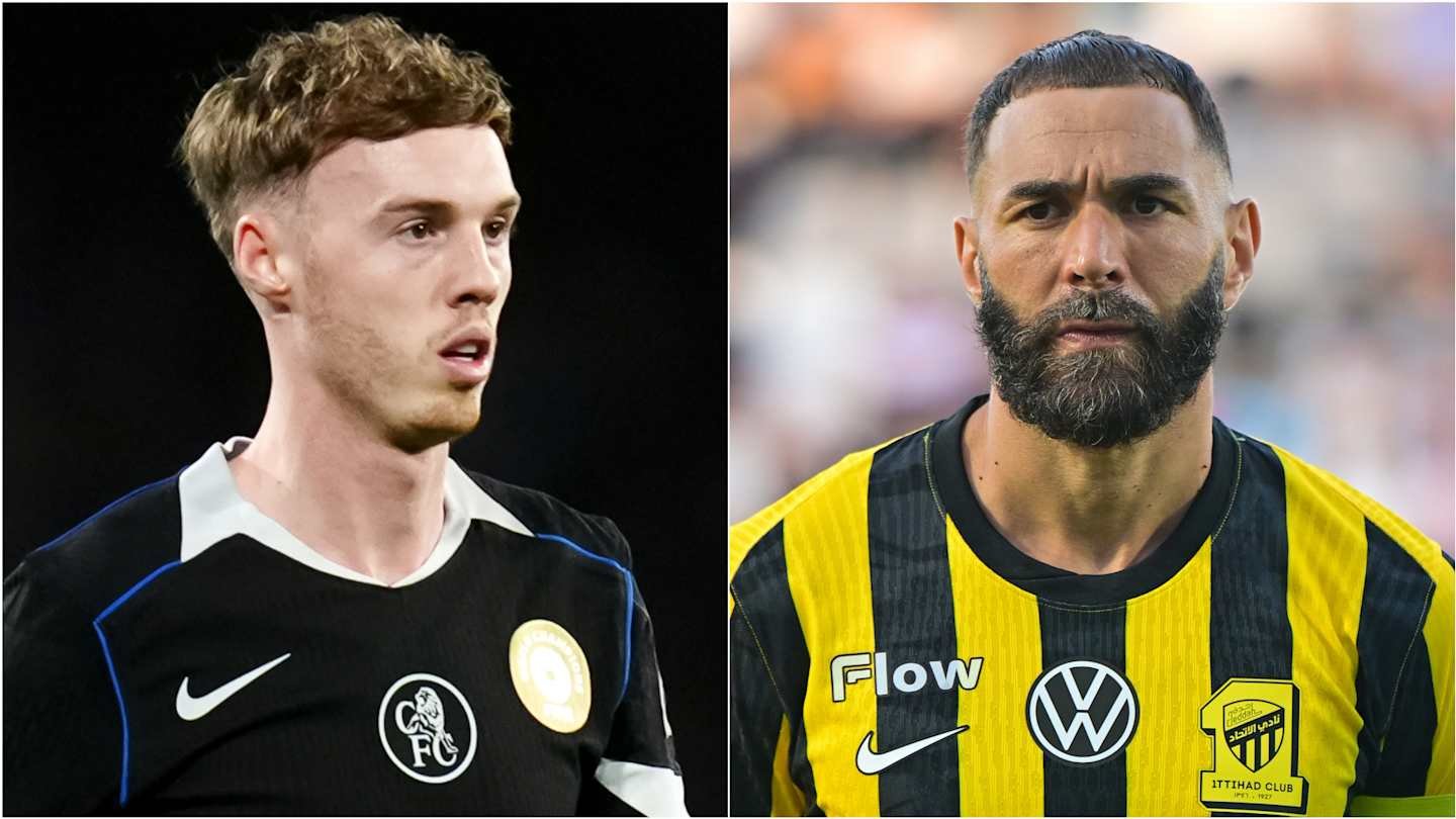 Chelsea's Cole Palmer in a black kit alongside Madrid legend Karim Benzema in a yellow and black striped shirt, highlighting their contrasting teams.