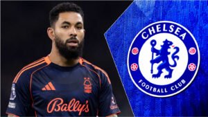 Nottingham Forest player in a dark kit with orange accents, alongside the blue Chelsea FC logo, highlighting a potential loan move.