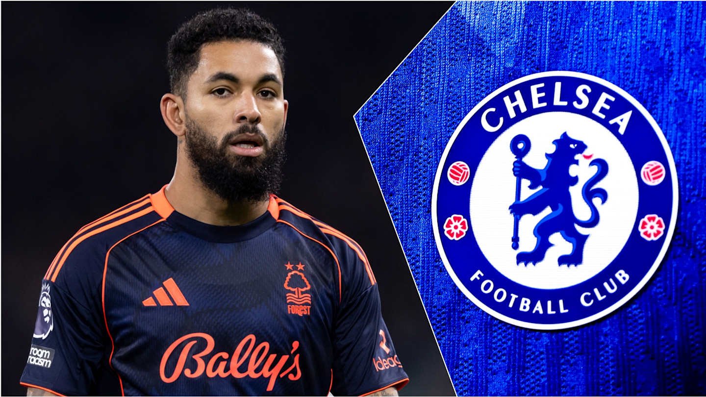 Nottingham Forest player in a dark kit with orange accents, alongside the blue Chelsea FC logo, highlighting a potential loan move.