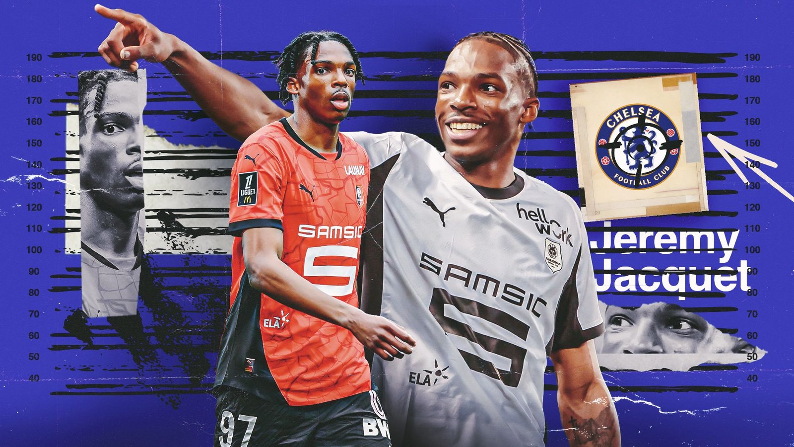 Chelsea cible le défenseur rennais Jérémy Jacquet, présenté dans un maillot noir et rouge vif sur un fond bleu saisissant.