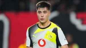 Borussia Dortmund-verdediger in een grijs-zwart tenue met neongele accenten, gefocust op de wedstrijdactie tijdens een Bundesliga-duel.