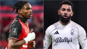 Rennes forward showing determination on pitch, alongside Nottingham Forest goalkeeper speaking during a match, both intensely focused.