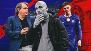 فوضى تشيلسي: مسؤولون تنفيذيون في النادي ولاعب أمام خلفية ستامفورد بريدج، مما يرمز للاضطراب داخل الفريق.