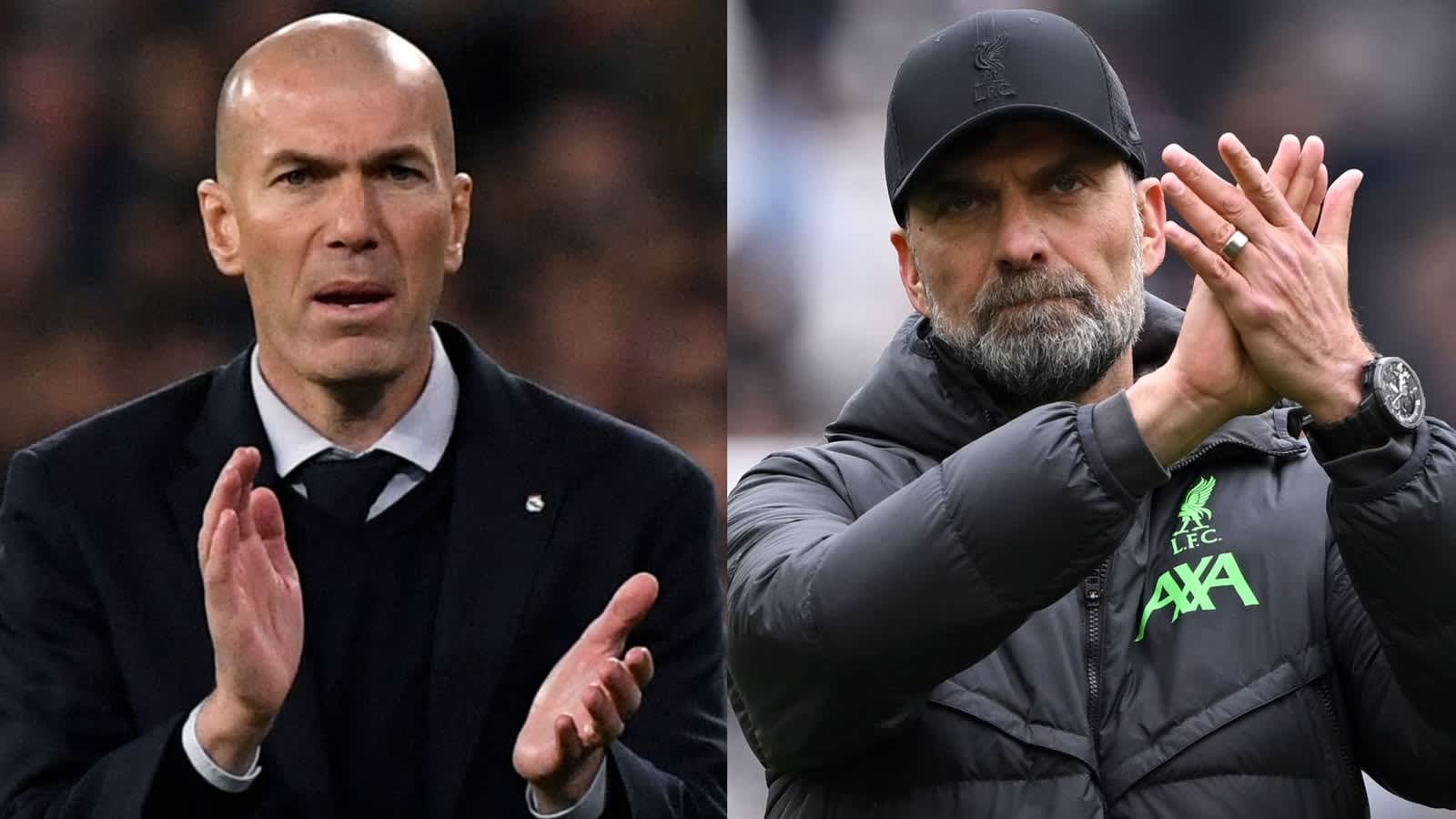 Zinedine Zidane et Jürgen Klopp, tous deux en tenue d'équipe, applaudissant, représentant des options managériales potentielles pour Chelsea.