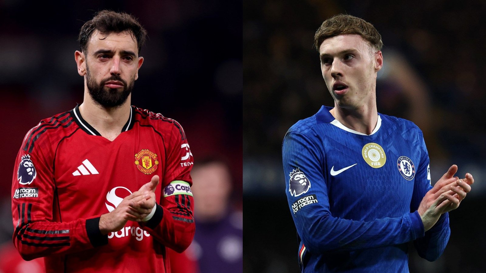 Bruno Fernandes in het rode tenue van Manchester United en Cole Palmer in het blauwe tenue van Chelsea, beiden applaudisseren voor de fans tijdens een wedstrijd.