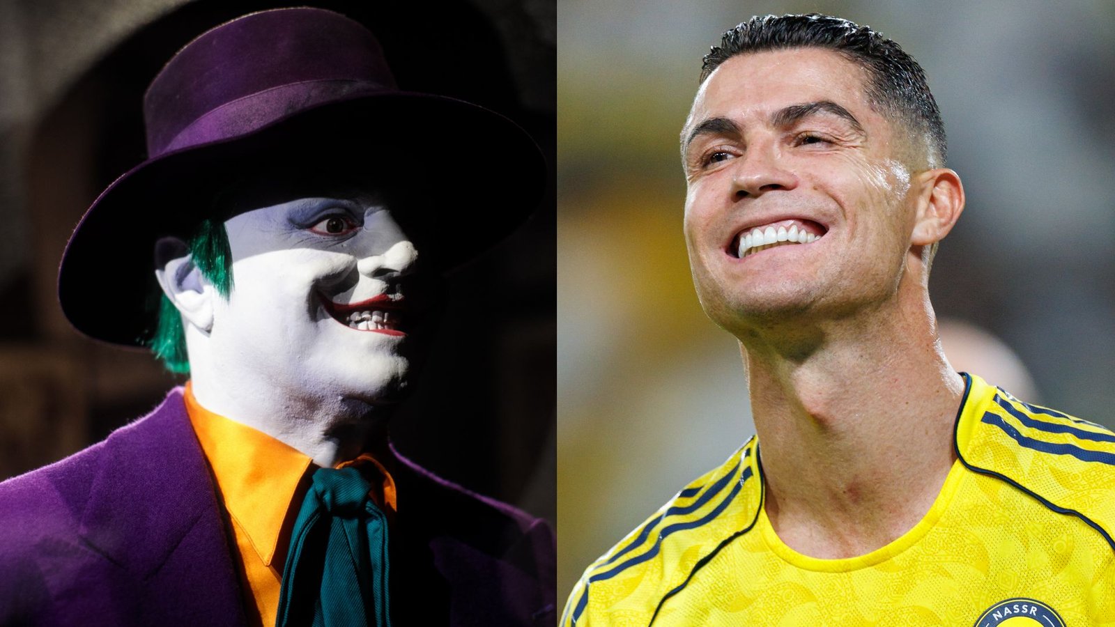 Joker-personage in paars pak, dreigend glimlachend aan de linkerkant; Cristiano Ronaldo, grijnzend in geel Al Nassr-tenue aan de rechterkant.