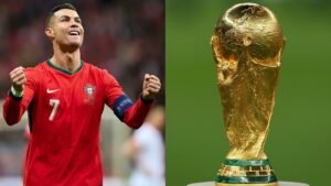 Cristiano Ronaldo célèbre en tenue rouge du Portugal aux côtés du trophée de la Coupe du Monde FIFA, soulignant son ambition pour l'édition 2026.