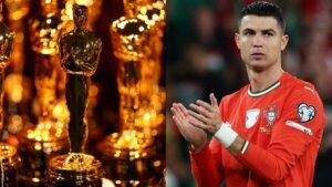 Cristiano Ronaldo, en maillot du Portugal, applaudit, aux côtés de trophées Oscars dorés symbolisant son potentiel avenir dans les films hollywoodiens.