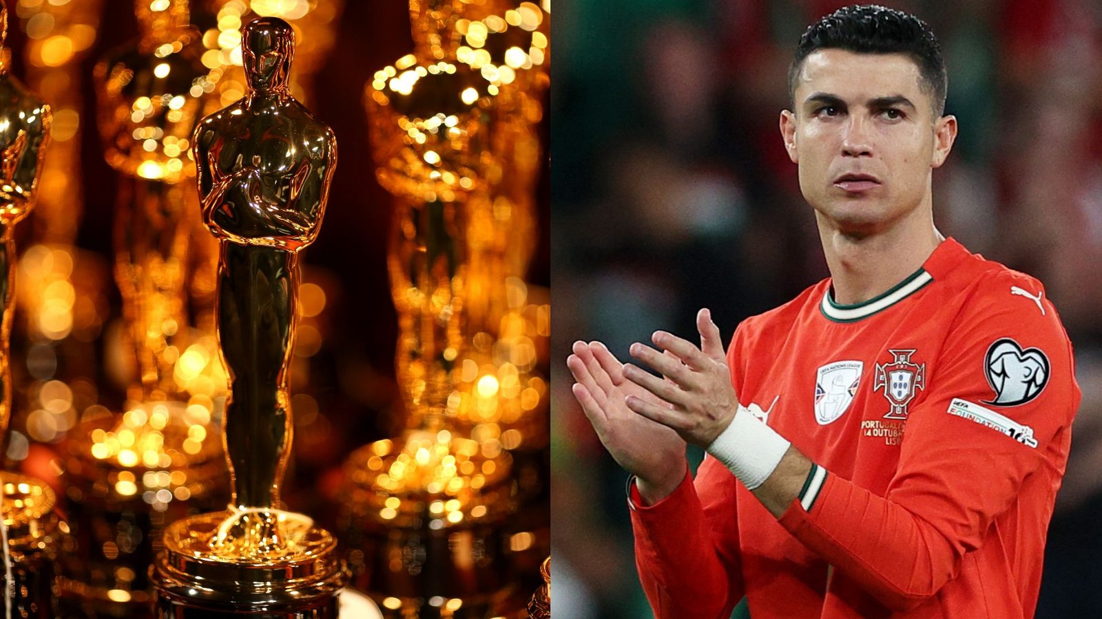 Cristiano Ronaldo, en maillot du Portugal, applaudit, aux côtés de trophées Oscars dorés symbolisant son potentiel avenir dans les films hollywoodiens.