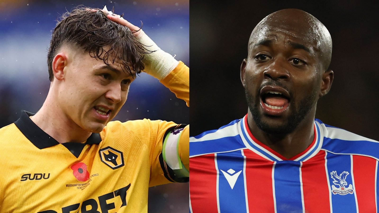 Wolverhampton-speler in geel toont frustratie, terwijl Crystal Palace-speler in een gestreept tenue gepassioneerd protesteert, wat de wedstrijdspanning benadrukt.