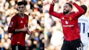 Cunha et Zirkzee célèbrent un moment charnière du match Man Utd contre Leeds, tous deux en tenue rouge, Zirkzee levant les poings en signe de triomphe.