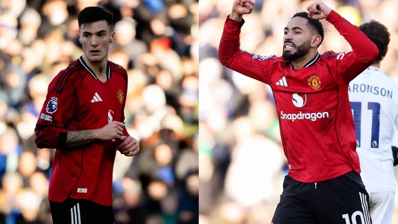 Cunha et Zirkzee célèbrent un moment charnière du match Man Utd contre Leeds, tous deux en tenue rouge, Zirkzee levant les poings en signe de triomphe.