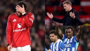 Een speler van Manchester United toont teleurstelling, terwijl Brighton's Danny Welbeck feest. De managers reageren met uiteenlopende emoties na de wedstrijd.