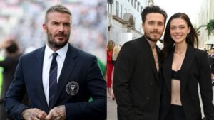 David Beckham en costume assiste à un événement footballistique, tandis que Brooklyn Beckham et Nicola Peltz posent en tenues noires assorties lors d'un événement social.