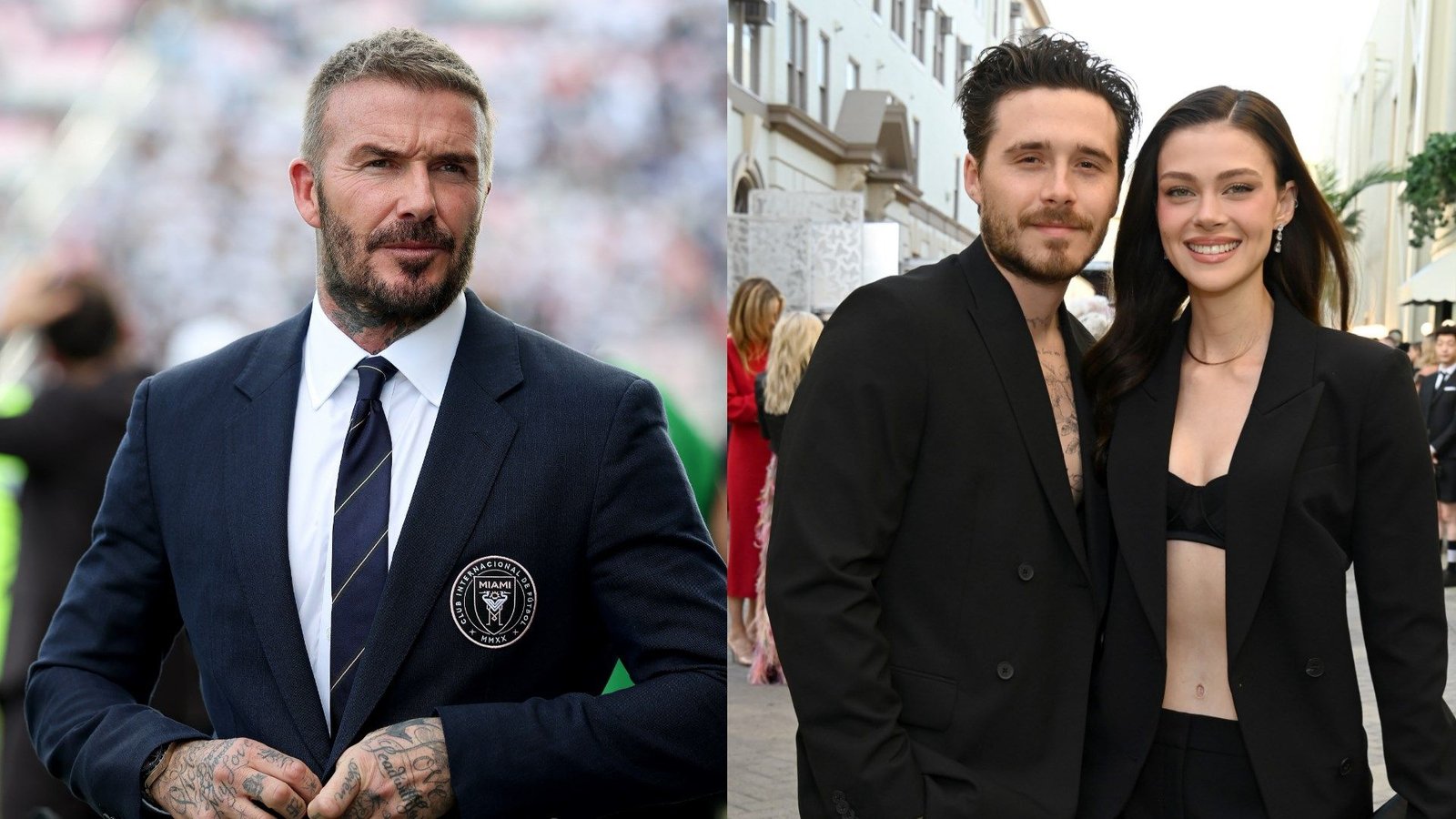 David Beckham en costume assiste à un événement footballistique, tandis que Brooklyn Beckham et Nicola Peltz posent en tenues noires assorties lors d'un événement social.