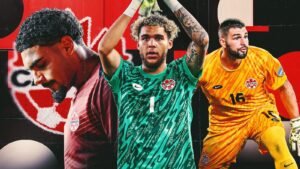 Dayne St. Clair et Maxime Crépeau en tenue du Canada, mettant en valeur leurs compétences de gardien avec des arrière-plans vibrants et des motifs canadiens.