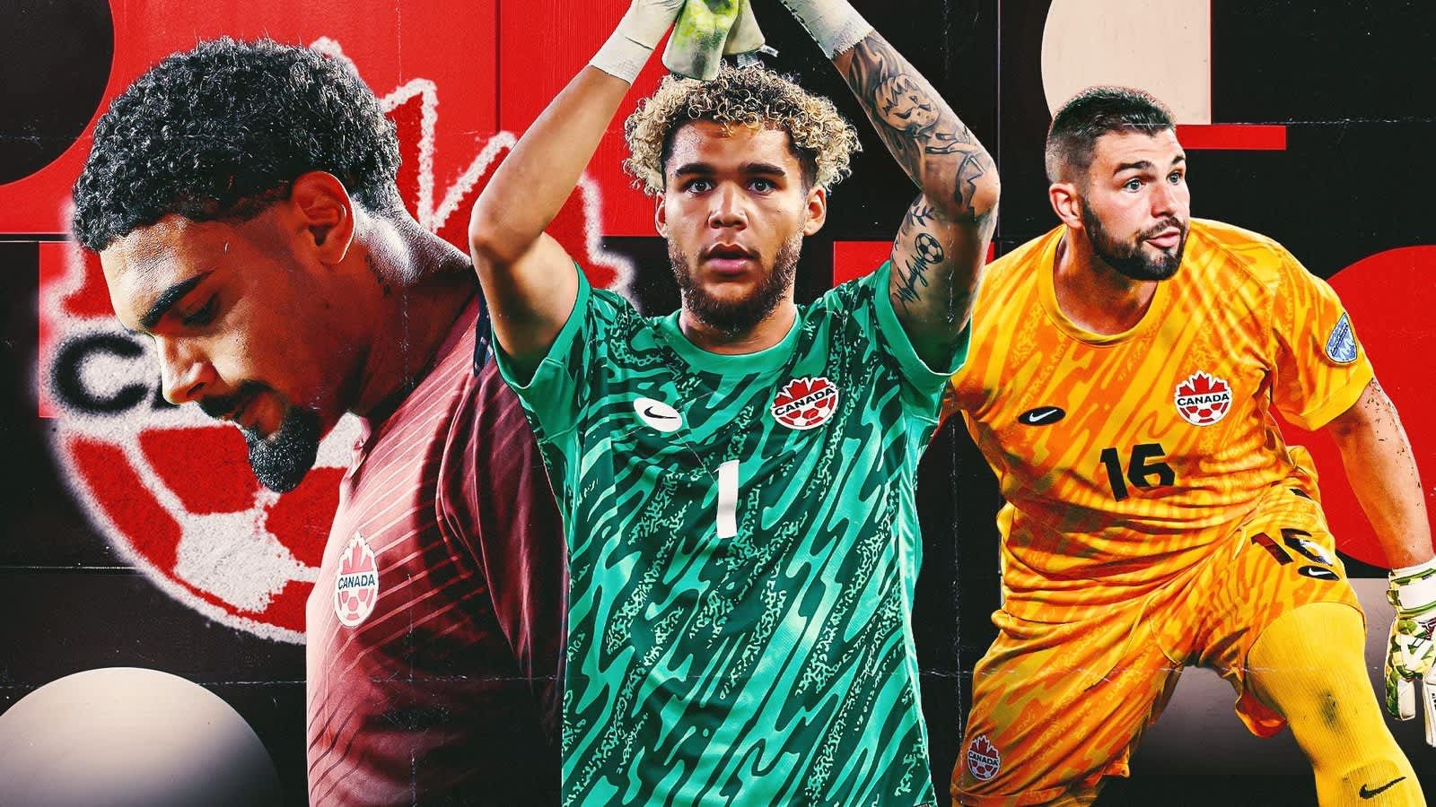 Dayne St. Clair et Maxime Crépeau en tenue du Canada, mettant en valeur leurs compétences de gardien avec des arrière-plans vibrants et des motifs canadiens.