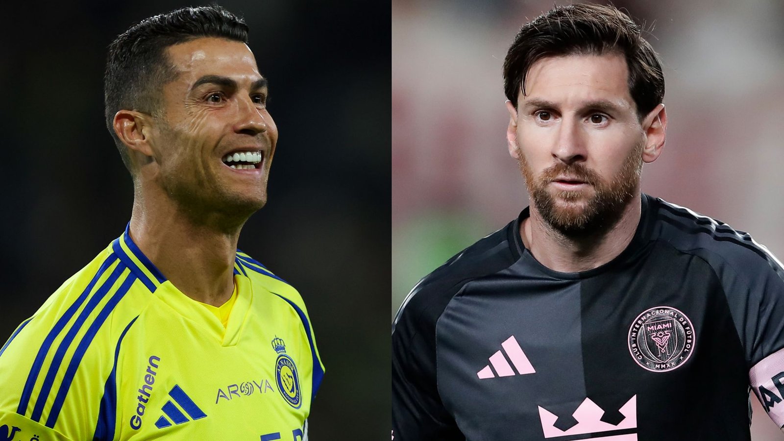 Ronaldo, lachend in het gele tenue van Al Nassr, contrasteert met een geconcentreerde Messi in het donkere tenue van Inter Miami, wat de voetbalrivaliteit benadrukt.