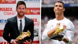 Lionel Messi et Cristiano Ronaldo tenant chacun le Soulier d'Or européen, mettant en valeur leurs distinctions dans un format d'image double.